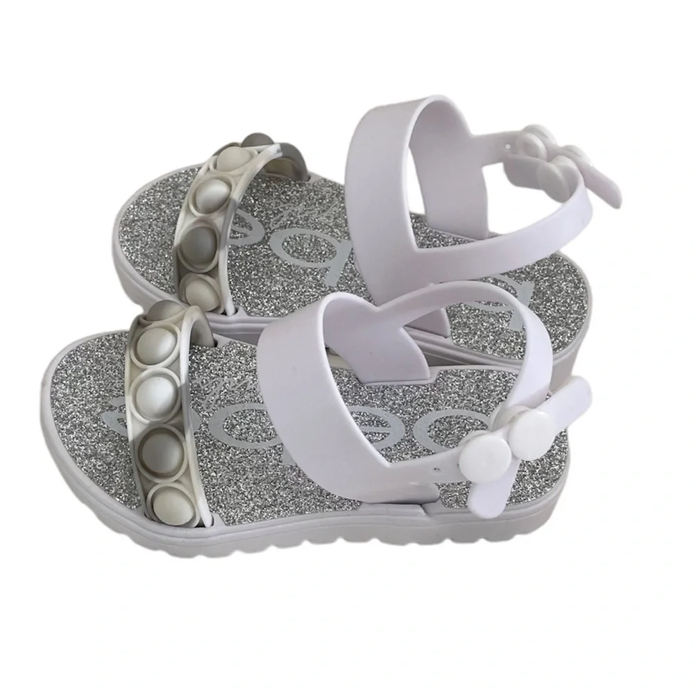 Bebe Toddler White Silcone Rubber Pop It Silver Glitter Sandals Size Small 5/6